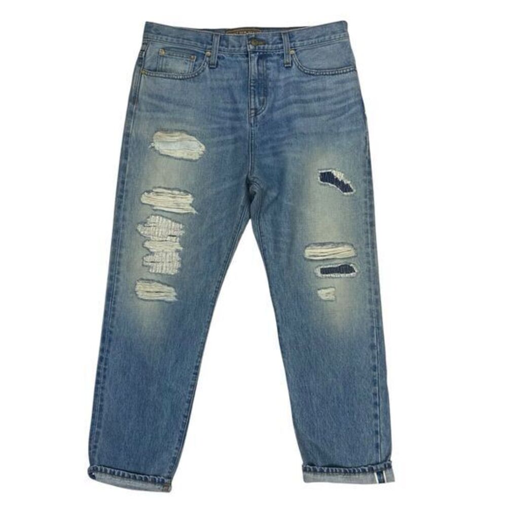NWT Point Sur Jeans Women 30 Blue Shoreditch Straight Distressed High Waist Crop